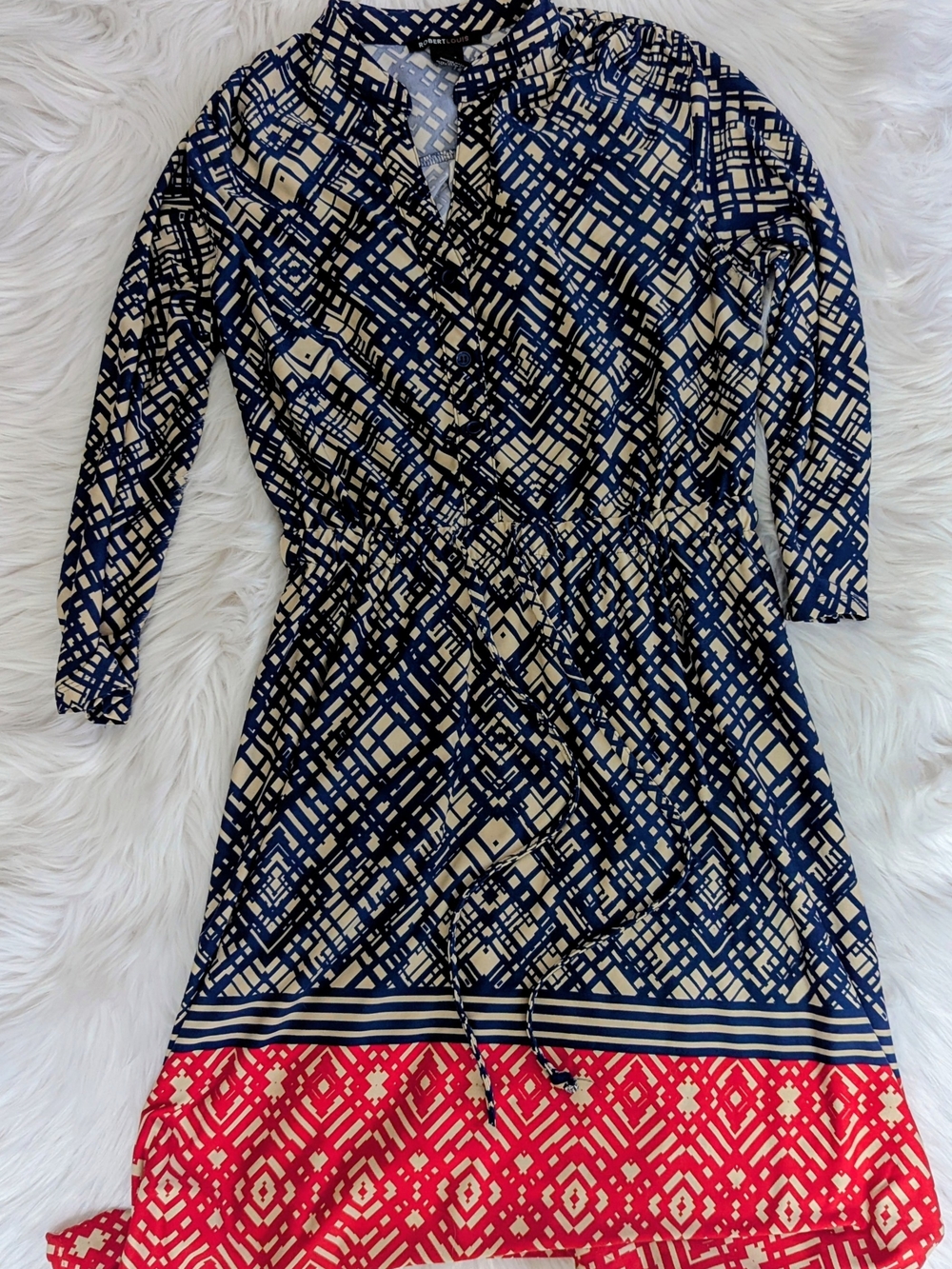 Robert Louis Navy and Cream Geometric Print Dress with Red Border small